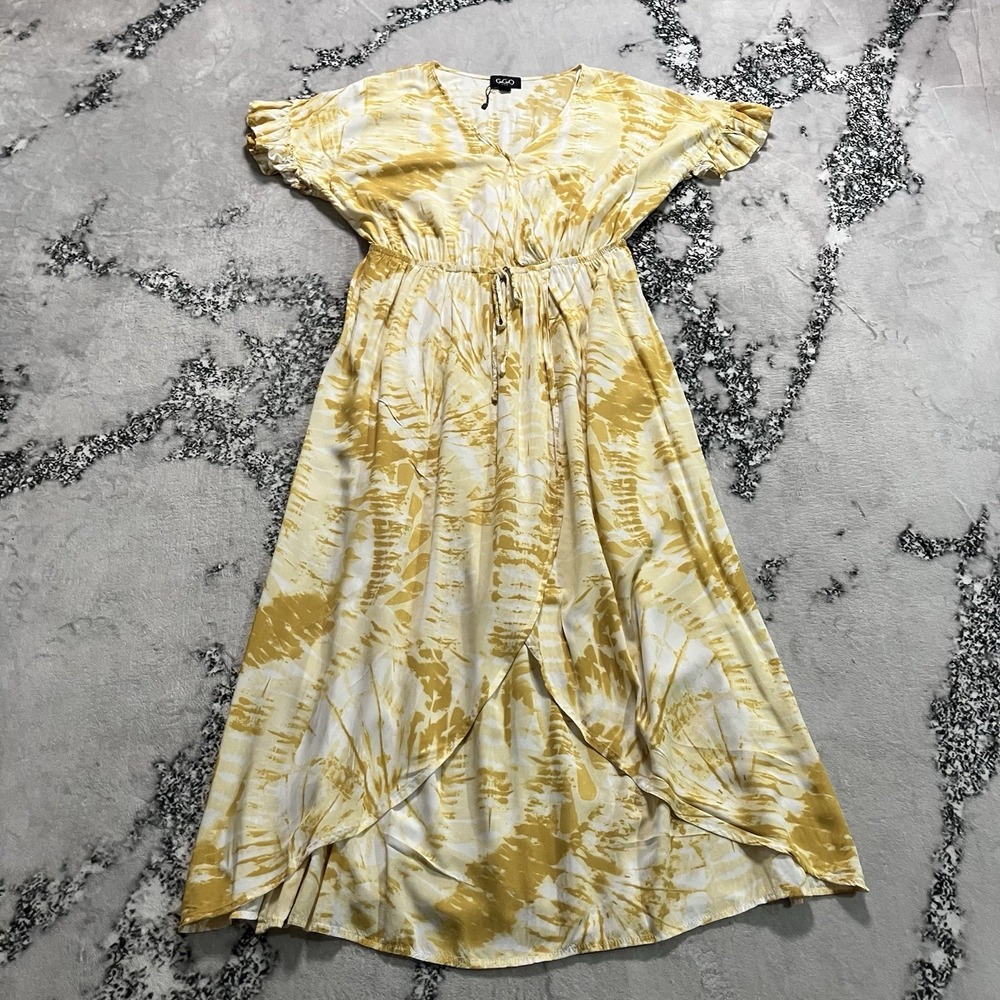 GiGiO Dress Womens Size Large Yellow Tie Dye‎ V Neck Rayon Boho Midi Casual Chic